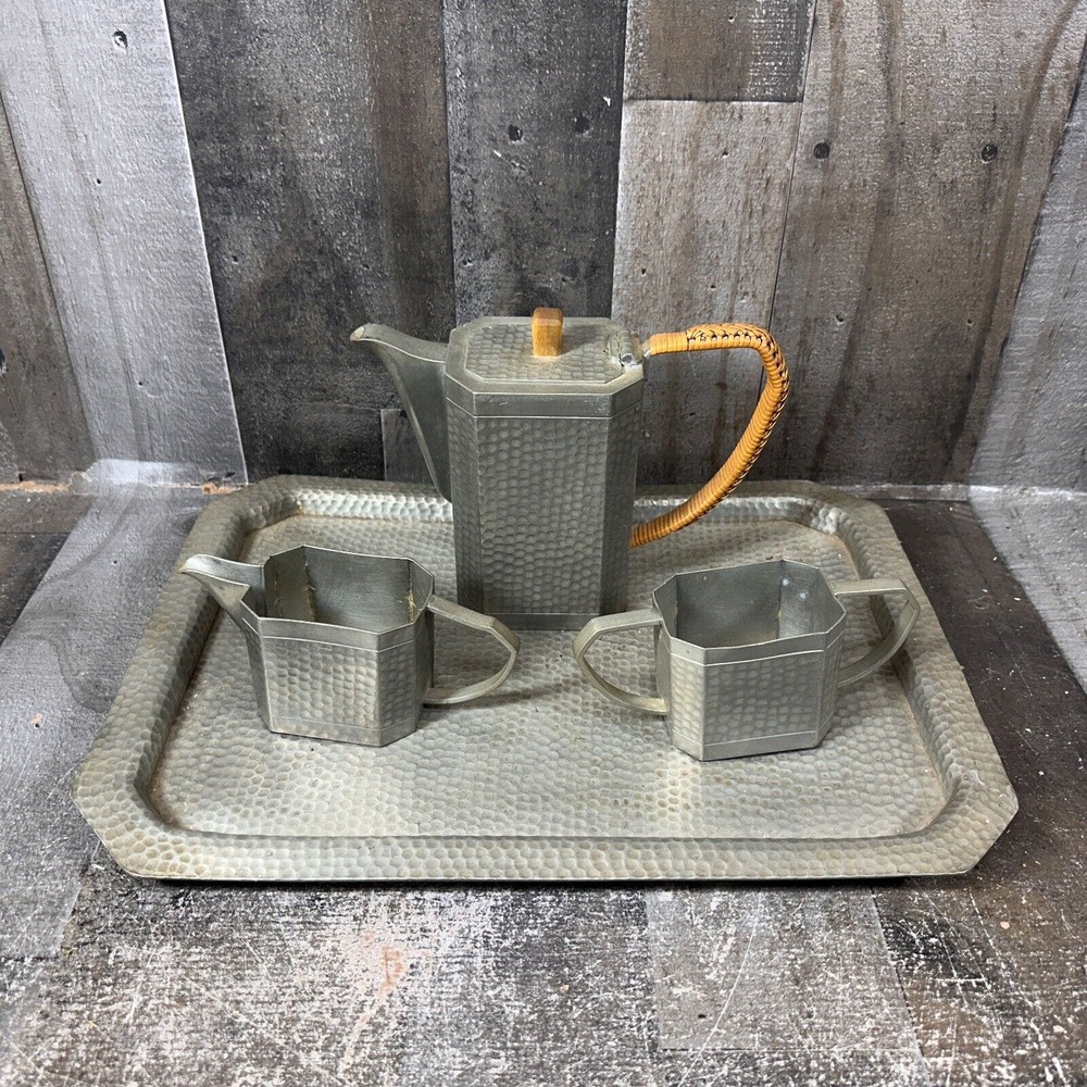 Vtg Double Kris‎ Pewter Hammered Tea Set with Tray